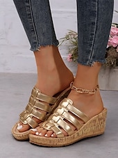 abordables Sandales Décontractées-sandales compensées dorées à lanières pour femmes avec semelle en imitation liège – chaussures d&#039;été élégantes pour les tenues décontractées et de plage