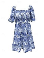 ieftine Tipăriți rochii florale-Pentru femei Rochie Mini Rochie casual Rochie de vară Rochie Boho Elegant Stilat Manșon de lanternă Vacanță Zilnic Dată Fit regulat Grafic Manșon scurt De Pe Umăr Albastru regal Vară