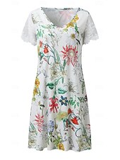 お買い得  花柄のドレスを印刷する-女性用 標準 EU / USサイズ ミディドレス 長袖ボヘミアンドレス サンドレス エレガントなドレス エレガント ボヘミア トロピカル風 レーススリーブ パーティー 日常 デート ルーズフィット フラワー マーブルプリント 半袖 Ｖネック ライトピンク ホワイト ブルー ライトパープル 夏 春 秋