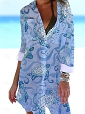 billiga Hawaiianska klänning-Kvinnors Mini Klänning Skjortklänning Täcka Upp Strandmode Mini Klänning Pockettryck Mode Avslappnat Fisk Vikbar 3/4 Längd Ärmar Lång Passform Utomhus Daglig Vit Blå 2023 Sommar Vår S M L XL