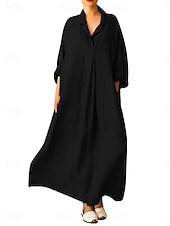 economico disegnare abiti in cotone e lino-Per donna Abito maxi Abiti in cotone e lino Abito Camicia Vestito Casual Essenziale Casual Vacanza Quotidiano Vestibilità regolare Semplice Manica 3/4 Colletto a Camicia Nero Rosa Estate
