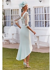economico Lunghezza del tè-Abito a Sirena  Tromba per la Madre della Sposa Abito Elegante Vintage Collo Gioiello Asimmetrico Lunghezza Tè Tessuto Estensibile Maniche Corte con Pizzo Abito Derby per la Giornata delle Corse 2025