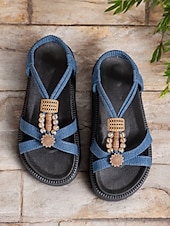 cheap Vacation Sandals-Women&#039;s Denim T-Strap Sandals with Beaded and Embellished Details, Lightweight Sole, and Boho Style for Beachwear and Summer Casual Outfits