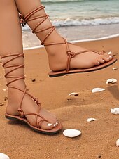 cheap Vacation Sandals-Women&#039;s Black Gladiator Lace-Up Sandals - Strappy Flat Design for Summer Beach and Casual Wear