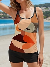 abordables Tankinis-Maillots de bain pour femmes Tankini 2 pièces Maillot de bain boy leg dos nu Vêtements de plage de vacances Color Block Géométrique Col en U Sans manches