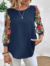 Damskie Koszula Bluzka Kwiaty Elegancki Codzienny Rękaw 3/4 Półgolf Zwykłe topy Codzienny Siateczka Haft Nadruk Czarny Granatowy Lato Wiosna tanie Eleganckie topy-Damskie Koszula Bluzka Kwiaty Elegancki Codzienny Rękaw 3/4 Półgolf Zwykłe topy Codzienny Siateczka Haft Nadruk Czarny Granatowy Lato Wiosna