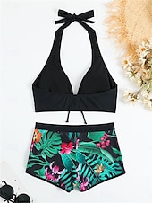 billiga Bikinis-Dam Badkläder Bikini 2 st Pojkeben Baddräkt Öppen rygg Hög midja Smal Semester Standkläder Grafisk Halterneck Ärmlös Baddräkter