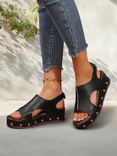 abordables Sandales Décontractées-sandales compensées découpées noires pour femmes avec détails cloutés et semelle plateforme confortable - chaussures d&#039;été tendance pour les sorties décontractées et à la plage