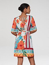 economico Abiti floreali-mini abito da donna con stampa floreale, scollo a V, manica corta, vestito estivo con motivo floreale arancione, casual, abbigliamento da spiaggia, stile elegante
