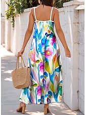 billige Blomstrete kjoler-Kvinne Maxi Kjole Casual Kjole Sundress A-Linje Kjole Casual Flowing Ferie Casual Daglig Regelmessig Passform Floral Blad Ermeløs V Utringning Blå Sommer Vår Høst