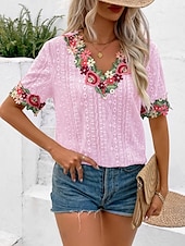 economico Top in Pizzo-Bluse Eleganti in Pizzo Bianco per Donna con Occhielli Blusa Fashion Moderna Colore Unito Top Regolari a Maniche Corte Collo a V Ricamata Fit Regolare Weekend Romantico Petits da Indossare in Estate