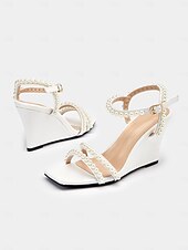 abordables Sandales Décontractées-talons compensés ornés de perles pour femmes – sandales de mariage élégantes à bout ouvert pour les mariées et les occasions formelles