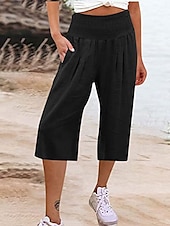 billige Vanlig linbukse i bomull-Dame Shorts i bomullslin Lin-inspirerte bukser Linbukser i bomull Mote Gatemote Ankel-lengde Høy Midje عادي Lomme Elastisk midje comfy Myk Bekvem Mikroelastisk utendørs Gate Aprikos Svart Sommer Vår
