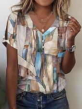 Χαμηλού Κόστους Boho t-shirt-Γυναικεία Μπλουζάκι Γραφική Βασικό Κοντομάνικο Λαιμόκοψη V Κανονικά μπλουζάκια Καθημερινά Σαββατοκύριακο Κουμπιά Με κοψίματα Στάμπα Θαλασσί Πράσινο του τριφυλλιού Χακί