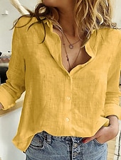 cheap Shirts-Women&#039;s Shirt Cotton Linen Shirts Button Up Blouse Solid Color Basic Casual Long Sleeve Shirt Collar Regular Tops Daily Buttons Yellow Green Summer Spring