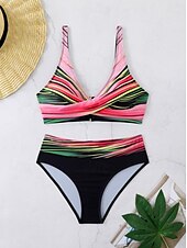 preiswerte Bikini-Sets-Damen Badeanzug Bikinis 2 Stück Cheeky-Bikinihose Bademode Rückenfrei Schlank Urlaub Strandbekleidung Farbblock V Ausschnitt Ärmellos Badeanzüge