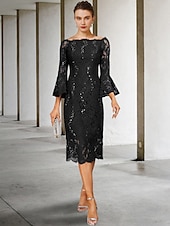 cheap Tea Length-Sheath Mother of the Bride Dress Wedding Guest Elegant Vintage Jewel Neck Tea Length Lace 3/4 Length Sleeve with Sequin 2025 free custom size