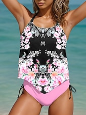 billiga Tankinis-Damernas baddräkter Tankini 2 Del Cheeky Baddräkt Rygglös Semester Strandkläder Blommig Halterneck Ärmlös Badkläder