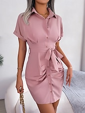 ieftine Rochii Business-Pentru femei Rochie Mini Rochii Tip Cămașă Rochie casual Rochie de vară Stilat Casual Vacanță Zilnic Dată Fit regulat Simplu Manșon scurt Rever Roz Îmbujorat Roșu-aprins Albastru piscină Var