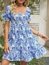 ieftine Tipăriți rochii florale-Pentru femei Rochie Mini Rochie casual Rochie de vară Rochie Boho Elegant Stilat Manșon de lanternă Vacanță Zilnic Dată Fit regulat Grafic Manșon scurt De Pe Umăr Albastru regal Vară