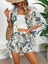 billiga Blazers och kostymer-Dam Kostymer Andningsfunktion Bekväm Tofs Mönster Ledigt Blommig Semester Gata Dagliga kläder Utekväll Öppen front Normal Kraglös Normal 3/4 ärm Ytterkläder Vit Sommar Vår