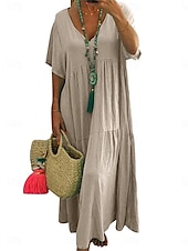 preiswerte bedruckte Kleider aus Baumwolle und Leinen-Damen Maxikleid Baumwoll-Leinen-Kleider Freizeitkleid Basic Lässig Urlaub Täglich Lässiger Schnitt Einfach Kurzarm V Ausschnitt Orange Grün Khaki Dunkelblau Sommer Frühling