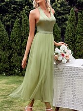 abordables Robes de demoiselle d&#039;honneur-Trapèze Robe de Demoiselle d&#039;Honneur  Col V Sans Manches Elégant Longueur Sol Nylon avec Avant Fendu 2022