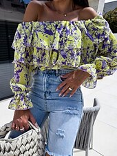 economico Top Grafici da Donna-Per donna Camicia Blusa Floreale A foglia Moda Informale Manica lunga Senza spalline Top regolari Giornaliero Con balze Stampa Giallo Rosa Viola Verde Estate Primavera
