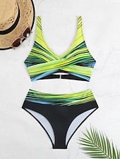 preiswerte Bikini-Sets-Damen Badeanzug Bikinis 2 Stück Cheeky-Bikinihose Bademode Rückenfrei Schlank Urlaub Strandbekleidung Farbblock V Ausschnitt Ärmellos Badeanzüge