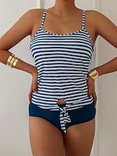 halpa Tankini-uimapuvut-Naisten Uima-asut Bikinit 2 kpl Pikkutuhmat Uimapuku Avoin selkä Ohut Loma Ranta-asut Raidoitettu U kaula-aukko Hihaton Uimapuvut