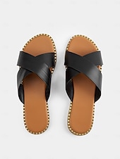 olcso Női szandálok-fekete keresztpántos lapos csúszó szandál nőknek - lezser nyári slip-on kényelmes talppal