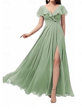 abordables Robes de demoiselle d&#039;honneur-Ligne A Robe de Demoiselle d&#039;Honneur  Col carré Sans manches Élégant Longueur au sol Nylon avec Devant Fendu 2022