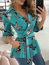cheap Work Tops-Women&#039;s Shirt Blouse Geometric Butterfly Letter Stylish Casual Long Sleeve V Neck Regular Tops Daily Buttons Pocket Black White Blue Green Summer Spring