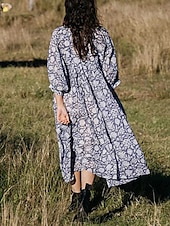billige Uformelle blomsterkjoler-Dame Midikjole Uformell kjole Stilfull Fritid Feriereise Daglig Normal Blomstret 3/4 ermer Crew-hals Navyblå Blå Vår Høst
