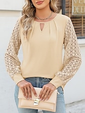 economico Top in Pizzo-Per donna maglietta Liscio Di tendenza Moderno Informale Manica lunga Girocollo Top regolari Giornaliero Fine settimana Pizzo Collage Nero Beige Estate Primavera
