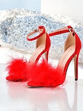 Women's Pink Suede Heels with Fluffy Straps and Pointed Toe | Perfect for Wedding, Parties and Night Out cheap Semi-Formal-Women's Pink Suede Heels with Fluffy Straps and Pointed Toe | Perfect for Wedding, Parties and Night Out