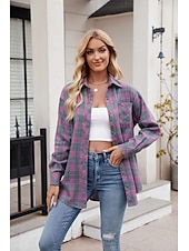 cheap Women&#039;s Graphic Tops-Women&#039;s Shirt Boho Shirt Dressy Tops Plaid Casual Boho Long Sleeve Bishop Sleeve V Neck Long Tops Work Daily Going out Pink Dusty Blue Purple Khaki Dark Gray Spring Fall