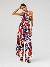 cheap Jumpsuits-Satin Loose Floral Wide-leg Belted Jumpsuit