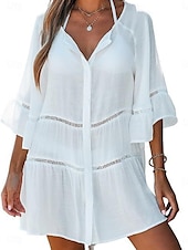 cheap Beach Dresses-Women&#039;s Swimwear Cover Up Swim Dress Swimsuit Cut Out Vacation Beach Wear Solid Color V Neck Long Sleeve Bathing Suits