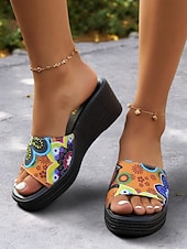 olcso Telitalpú szandálok-színes, felbújós női ékszandál etnikai mintával – kényelmes platform dizájn nyári, tengerparti és hétköznapi viselethez