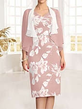 abordables Avec veste-Robe mère de la mariée deux pièces robe fourreau  colonne élégante vintage col en V longueur thé chiffon dentelle florale appliquée à manches 3/4 avec veste ruchée robe de jour de course
