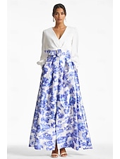 economico FLORALI-A-line Abito da Sera Abito Ad Alta Fessura Matrimonio in Spiaggia Formale Ospite di Matrimonio Lunghezza Piena Maniche Lunghe Scollo a V Cintura  Nastro Satin con Stampa Floreale Fessura Abito Derby