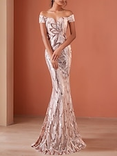 preiswerte Sekt-Meerjungfrau/Trompete Abendkleid elegantes Kleid formelle Hochzeit bodenlang ärmellos schulterfrei Pailletten mit Glitzerquaste 2025