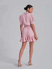 cheap Wrap Dresses-Puff Sleeve Wrap Dress with Ruffle