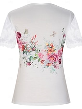 お買い得  フローラルTシャツ-女性用 レーススプライシングトップ グラフィック コサージュ エレガント ボヘミア ファッション 半袖 フラッタースリーブ ラウンドネック レギュラートップス 日常 週末 バケーションウェア レース パッチワーク プリント ホワイト ピンク レッドとホワイト ライトブルー 夏 春 秋