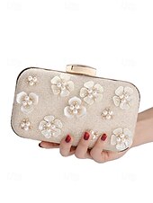 cheap Clutches &amp; Evening Bags-Women&#039;s 3D Floral Clutch with Pearl Accents and Gold Chain – Stylish Evening Bag for Weddings, Parties and Formal Occasions Silver Black Gold