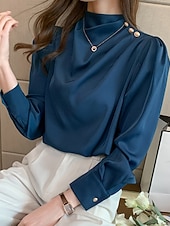 olcso Öltözetes felsők-Női Ing elegáns Elegáns Szatén Tömör szín Üzlet Modern Alkalmi Hosszú ujj Körgallér Normál felsők Munka Ünnepi viselet Gombok Fehér Medence Nyár Tavasz