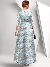 billige Gulvlengde-Mor til bruden A-Line Kjole Elegant Queen Anne Utringning Gulv-lengde Sateng 3/4 lengde ermer med Sløyfe(r) Race Day kjole Bryllupsgjest Kjole