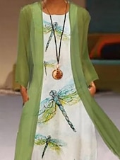 billige Kjolesett-Dame Kjolesett Uformell kjole Chiffonkjoler Elegant Mote Blomstret Trykt mønster Maxikjole Langermet Crew-hals utendørs Feriereise Vin Blå Lilla Sommer Vår Normal