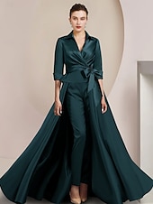 billige Mammas jumpsuits-To-delt jumpsuit/buksedress mor til bruden formell bryllupsgjest elegant skjortekrage ankel lengde sateng halv erme med sløyfe(r) gratis tilpasset størrelse